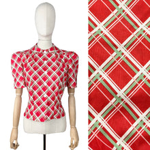 Load image into Gallery viewer, 1940's Reproduction Christmas Blouse In Red, Mint Green, White and Pink Vintage Check in Moda Cotton 'Deer Christmas' - Bust 34" 36"