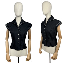 Load image into Gallery viewer, Original 1940's 1950's Black Short Sleeved Blouse with White Ric-rac Trim and Faux Pearl Buttons - Bust 34 36 *