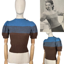 Load image into Gallery viewer, Reproduction 1940's Striped Jumper in Coffee Bean Brown and Dolphin Blue with Full Pull Sleeves - Bust 34 36
