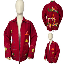 Load image into Gallery viewer, Original 1950's Embroidered Mexican Felt Tourist Jacket in Cherry Red - Bust 36 38 40