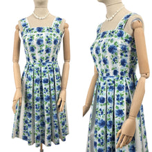 Load image into Gallery viewer, Original 1950's White and Blue Floral Stripe Cotton Dress Made in France - Bust 34 35 *