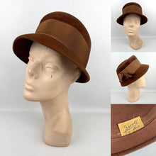 Load image into Gallery viewer, Original 1950’s Warm Brown Felt Hat with Wide Grosgrain Ribbon Trim by Jacoll