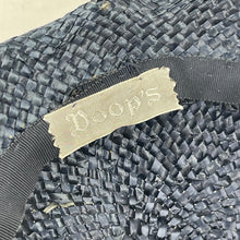 Load image into Gallery viewer, Original 1950’s Lacquered Raffia Hat with Flower Trim and Net in Navy, White and Yellow
