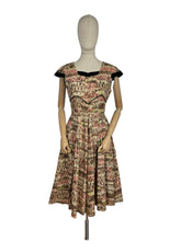 Load image into Gallery viewer, Original 1950's Cocktail Dress in Brown and Gold Abstract Print with Black Velvet Accent - Bust 34 35 *