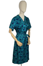 Load image into Gallery viewer, Original Late 1950's Belted Artificial Silk Wiggle Dress in Green and Blue Geometric Print - Bust 40 42 *