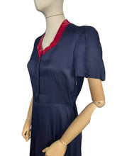 Load image into Gallery viewer, Original 1940's Classic Navy Blue Day Dress with Button Front and Red Velvet Trim - Bust 35 36 *