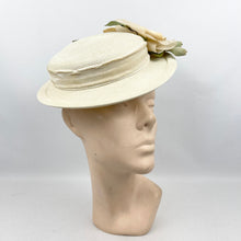 Load image into Gallery viewer, Original 1940’s 1950’s Cream Straw Hat with Velvet Trim and Large Fabric Rose