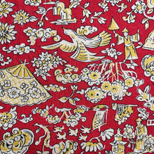 Load image into Gallery viewer, 100% Cotton Dressmaking Fabric in Red, Cream and Yellow Japanese Print with Geisha, Storks, Butterflies and Temples - 40" x 180"