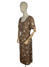 Load image into Gallery viewer, Original 1950's Pure Silk Wiggle Dress in Autumnal Print of Brown and Cream - Bust 40 *