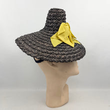 Load image into Gallery viewer, Original 1930’s 1940’s Navy Blue Conical Straw Hat with Large Double Bow Ribbon Trim in Chartreuse