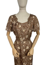 Load image into Gallery viewer, Original 1950's Pure Silk Wiggle Dress in Autumnal Print of Brown and Cream - Bust 40 *