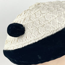 Load image into Gallery viewer, Original 1950's White and Black Hat with Velvet Bobble Trim - Charming Little Piece *