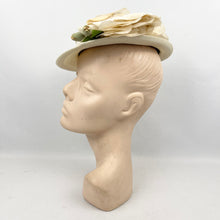 Load image into Gallery viewer, Original 1940’s 1950’s Cream Straw Hat with Velvet Trim and Large Fabric Rose