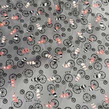 Load image into Gallery viewer, Original 1950's Novelty Print Artificial Silk - Slate Grey with Penny Farthings - 44" x 70"