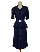 Load image into Gallery viewer, Original 1930's Navy Blue Crepe Belted Day Dress with Half Peplum and Two-Tone Buttons - Bust 32" *