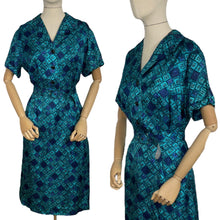 Load image into Gallery viewer, Original Late 1950's Belted Artificial Silk Wiggle Dress in Green and Blue Geometric Print - Bust 40 42 *
