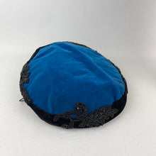 Load image into Gallery viewer, Original 1950's Blue and Black Cotton Velvet Cocktail Hat with Beading - Great Evening Hat *