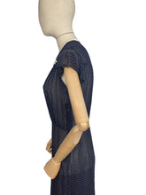 Load image into Gallery viewer, Charming Original Late 1930's or Early 1940's Sheer Navy and White Swiss Dot Dress with Ric-rac Trim - Bust 34 36