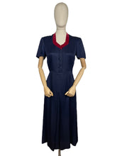 Load image into Gallery viewer, Original 1940's Classic Navy Blue Day Dress with Button Front and Red Velvet Trim - Bust 35 36 *