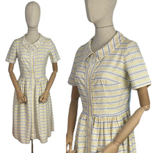 Load image into Gallery viewer, Original 1950's Thick Cotton Zip Front Dress in White, Yellow and Blue Stripe - Bust 36