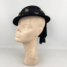 Load image into Gallery viewer, Original 1940’s Black Felt Hat with Bead, Sequin and Straw Trim and Large Bow *