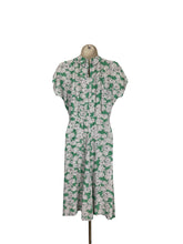 Load image into Gallery viewer, Original 1940’s Cold Rayon Day Dress in Green and White Flower and Spiderweb Print - Bust 34