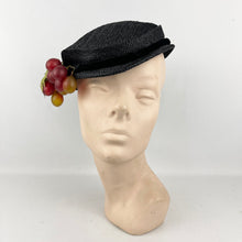 Load image into Gallery viewer, Original 1950’s Black Straw Hat with Velvet and Bunch of Grapes Trim