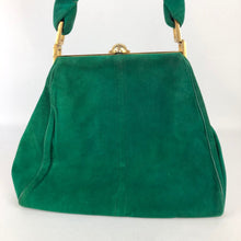 Load image into Gallery viewer, Original 1940's Large Kelly Green Suede Bag with Gold Tone Fastening