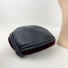 Load image into Gallery viewer, Original 1950’s Gertrude Singer Navy Blue Straw Hat with Wine Cotton Velvet Trim