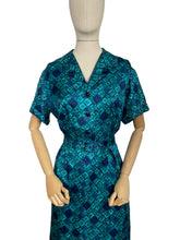 Load image into Gallery viewer, Original Late 1950's Belted Artificial Silk Wiggle Dress in Green and Blue Geometric Print - Bust 40 42 *