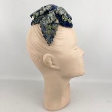Load image into Gallery viewer, Original 1950’s Flower and Leaf Half Hat in Soft Blue and Green with Double Bow Trim