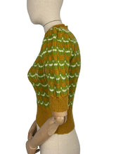 Load image into Gallery viewer, Reproduction 1940's Victory Jumper in Mustard, Green and White Hand Knitted from a WW2 Pattern by Home Notes - Bust 34