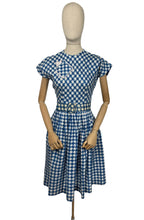 Load image into Gallery viewer, Original 1950's Blue and White Houndstooth Print Belted Peggy Petite by Peggy Page Dress - Bust 34 *