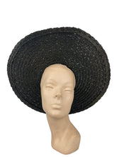Load image into Gallery viewer, Huge Original 1940's Black Coarse Straw Sunhat with Wide Grosgrain Trim and Bow *
