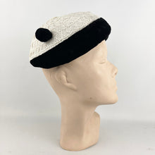 Load image into Gallery viewer, Original 1950's White and Black Hat with Velvet Bobble Trim - Charming Little Piece *