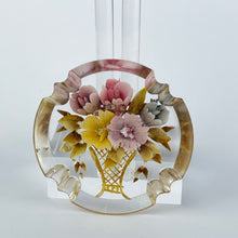 Load image into Gallery viewer, Original 1940's 1950's Reverse Carved Lucite Brooch with Scalloped Edge and Pretty Flowers in a Vase