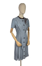 Load image into Gallery viewer, Original 1940’s CC41 Blue Cotton Dress with Brown Appliqué for the Shorter Lady - Wounded But Wearable - Bust 35 36