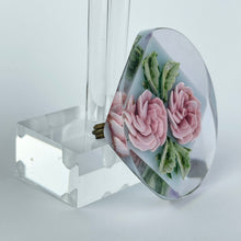 Load image into Gallery viewer, Original 1940's 1950's Reverse Carved Lucite Brooch with Pale Pink Double Roses set on Baby Blue Background *