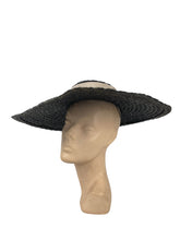 Load image into Gallery viewer, Huge Original 1940's Black Coarse Straw Sunhat with Wide Grosgrain Trim and Bow *