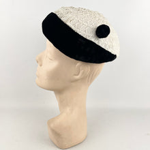 Load image into Gallery viewer, Original 1950's White and Black Hat with Velvet Bobble Trim - Charming Little Piece *