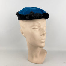 Load image into Gallery viewer, Original 1950's Blue and Black Cotton Velvet Cocktail Hat with Beading - Great Evening Hat *