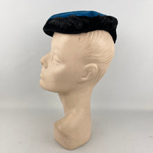 Load image into Gallery viewer, Original 1950's Blue and Black Cotton Velvet Cocktail Hat with Beading - Great Evening Hat *
