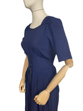 Load image into Gallery viewer, Original Classic 1940’s Blue Crepe Day Dress with Laced Waist Detail and Belt - Bust 34 35