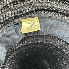 Load image into Gallery viewer, Original 1930’s 1940’s Navy Blue Conical Straw Hat with Large Double Bow Ribbon Trim in Chartreuse