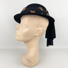 Load image into Gallery viewer, Original 1940’s Black Felt Hat with Bead, Sequin and Straw Trim and Large Bow *