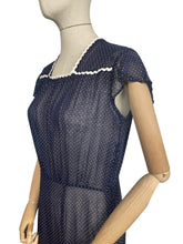 Load image into Gallery viewer, Charming Original Late 1930's or Early 1940's Sheer Navy and White Swiss Dot Dress with Ric-rac Trim - Bust 34 36