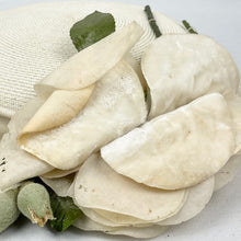 Load image into Gallery viewer, Original 1940’s 1950’s Cream Straw Hat with Velvet Trim and Large Fabric Rose