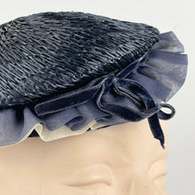 Load image into Gallery viewer, Original 1940’s Navy Blue Straw Topper Hat with White and Blue Ruffle Trim