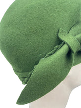 Load image into Gallery viewer, Original 1930's 1940's Green Felt Tilt Hat with Bound Edge and Bow Trim *