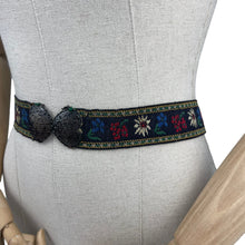 Load image into Gallery viewer, Vintage Embroidered Tyrolean Brooch Featuring Edelweiss and Gentian with Heart Shaped Double Buckle - Waist 29 30